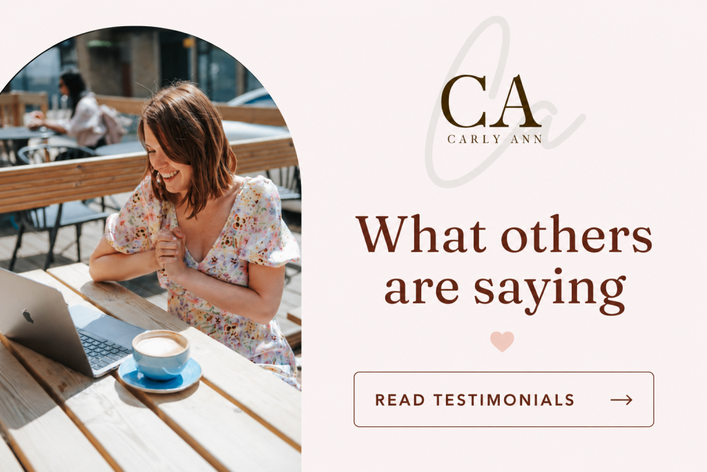 Image of Carly Ann with What others are saying. Plus arrow to testimonials. it is leading the reader to read reviews
